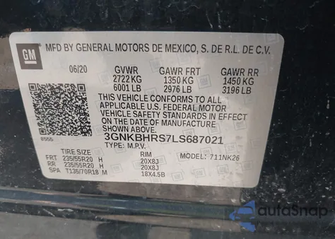 2020 Chevrolet Blazer Awd 2Lt from USA, damaged, VIN 3GNKBHRS7LS687021